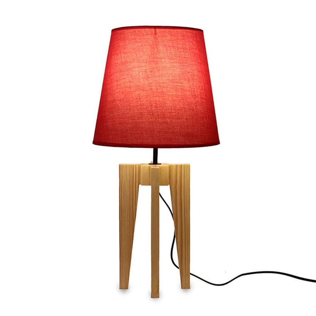 Stella Beige Wooden Table Lamp with Red Printed Fabric Lampshade - Ouch Cart 