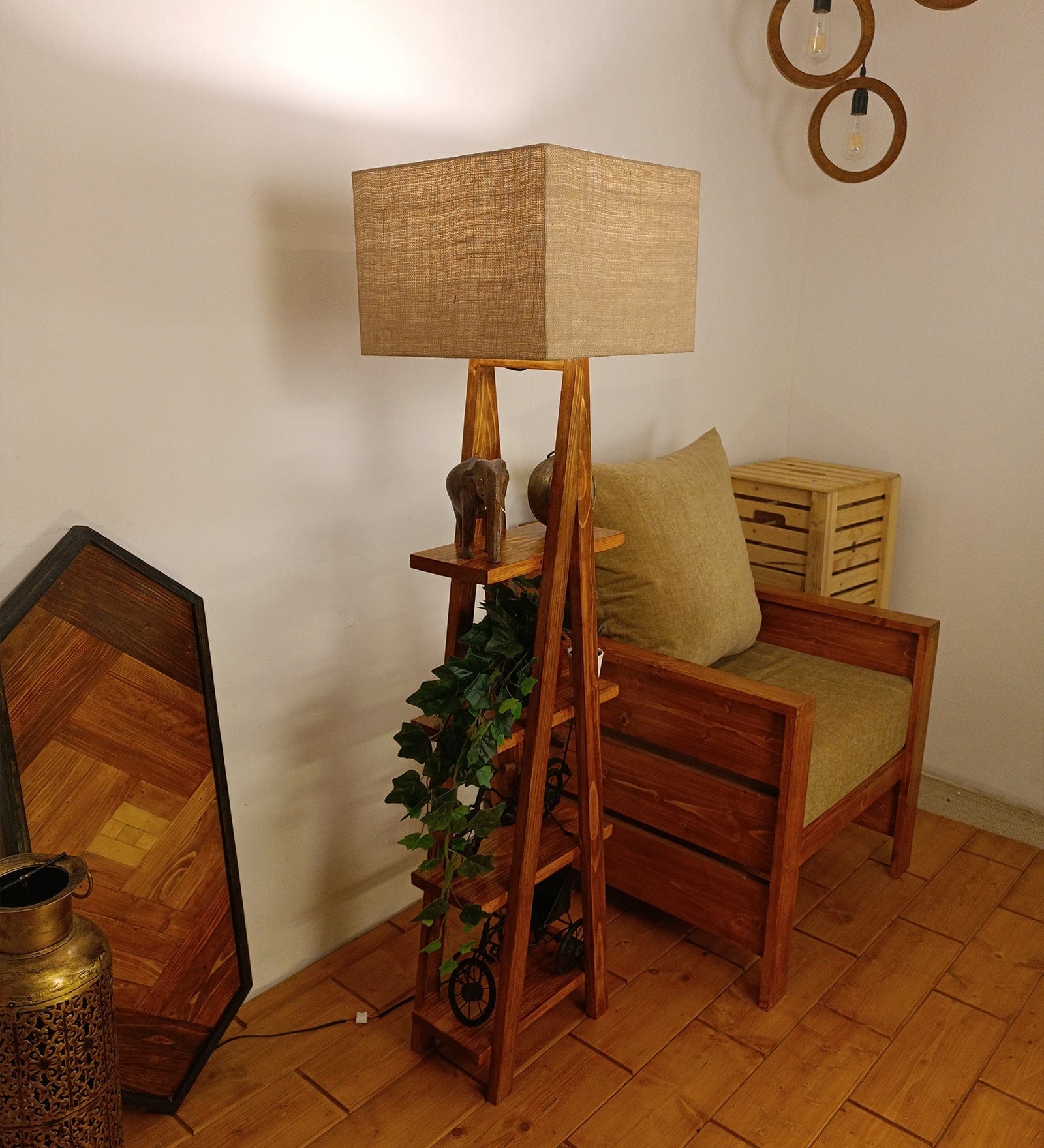 Louise Wooden Floor Lamp with Brown Base and Jute Fabric Lampshade (BULB NOT INCLUDED)