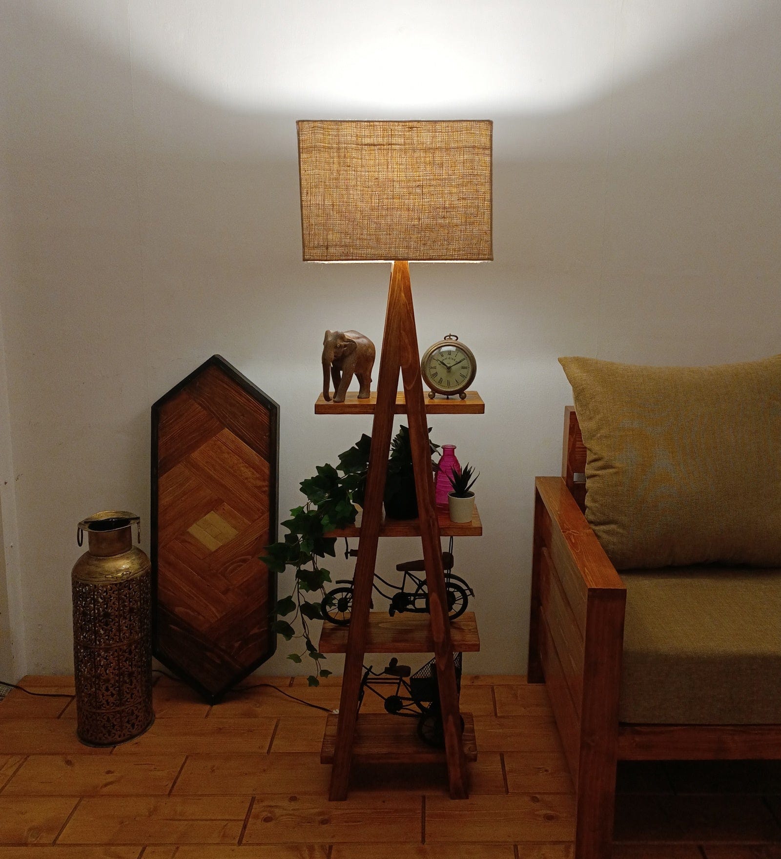 Louise Wooden Floor Lamp with Brown Base and Jute Fabric Lampshade (BULB NOT INCLUDED)