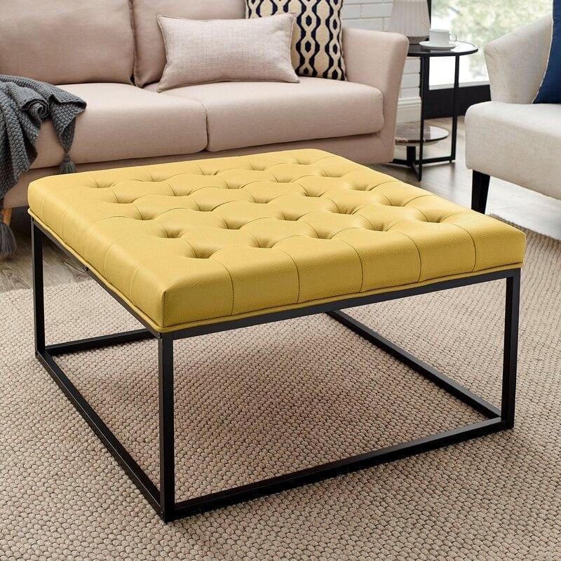 Living Room Coffee Table Wide Leatherette Tufted Square Cocktail Table, Large Bench - Ouch Cart 