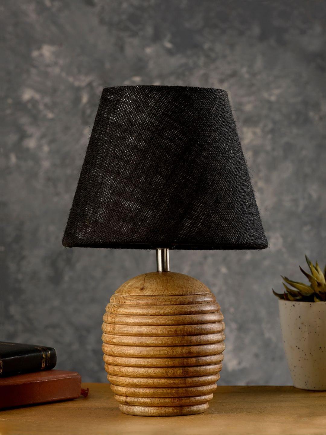 Striped Wooden Brown Lamp with Black Jute Shade - Ouch Cart 