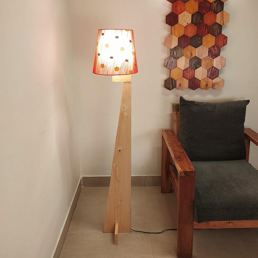 Trigo Wooden Floor Lamp with Beige Base and Red Printed Fabric Lampshade - Ouch Cart 