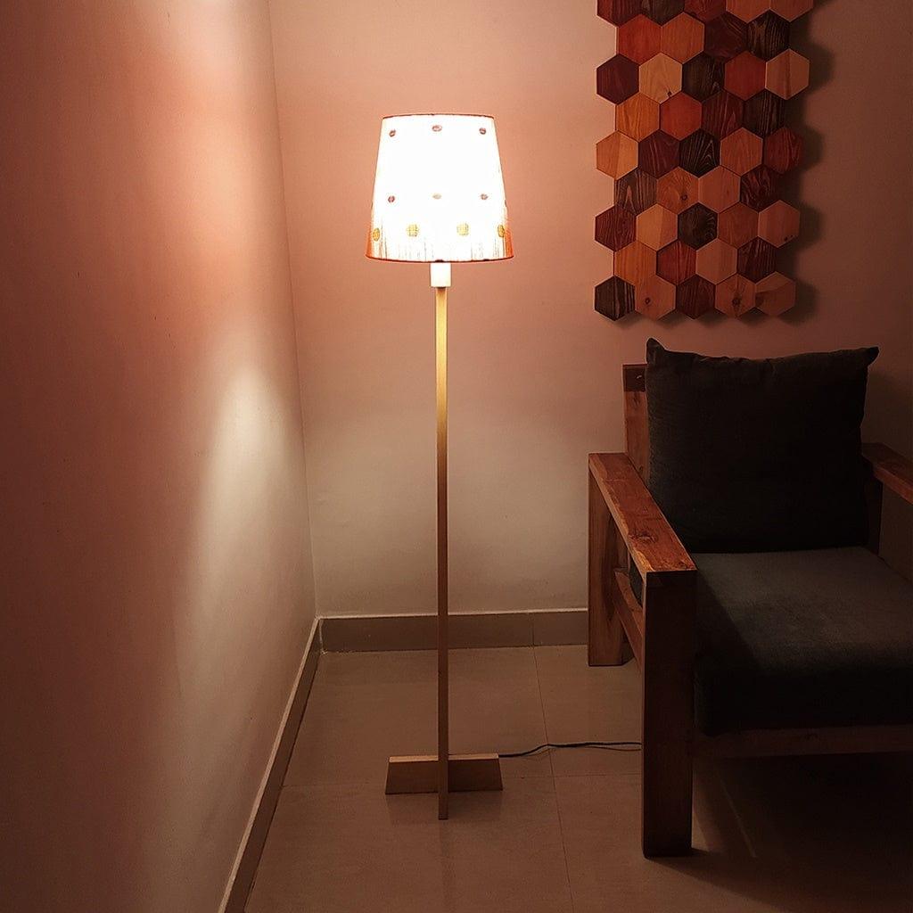 Trigo Wooden Floor Lamp with Beige Base and Red Printed Fabric Lampshade - Ouch Cart 