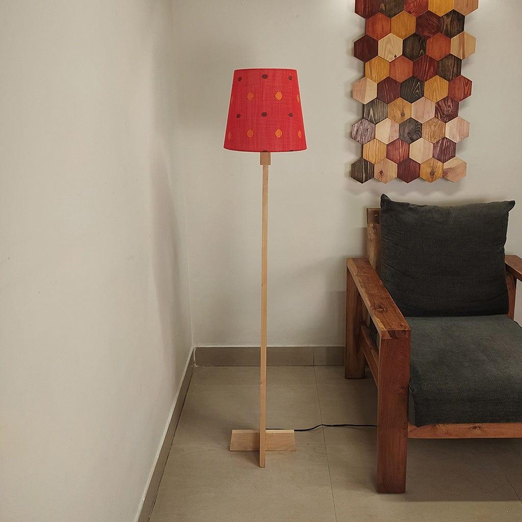 Trigo Wooden Floor Lamp with Beige Base and Red Printed Fabric Lampshade - Ouch Cart 