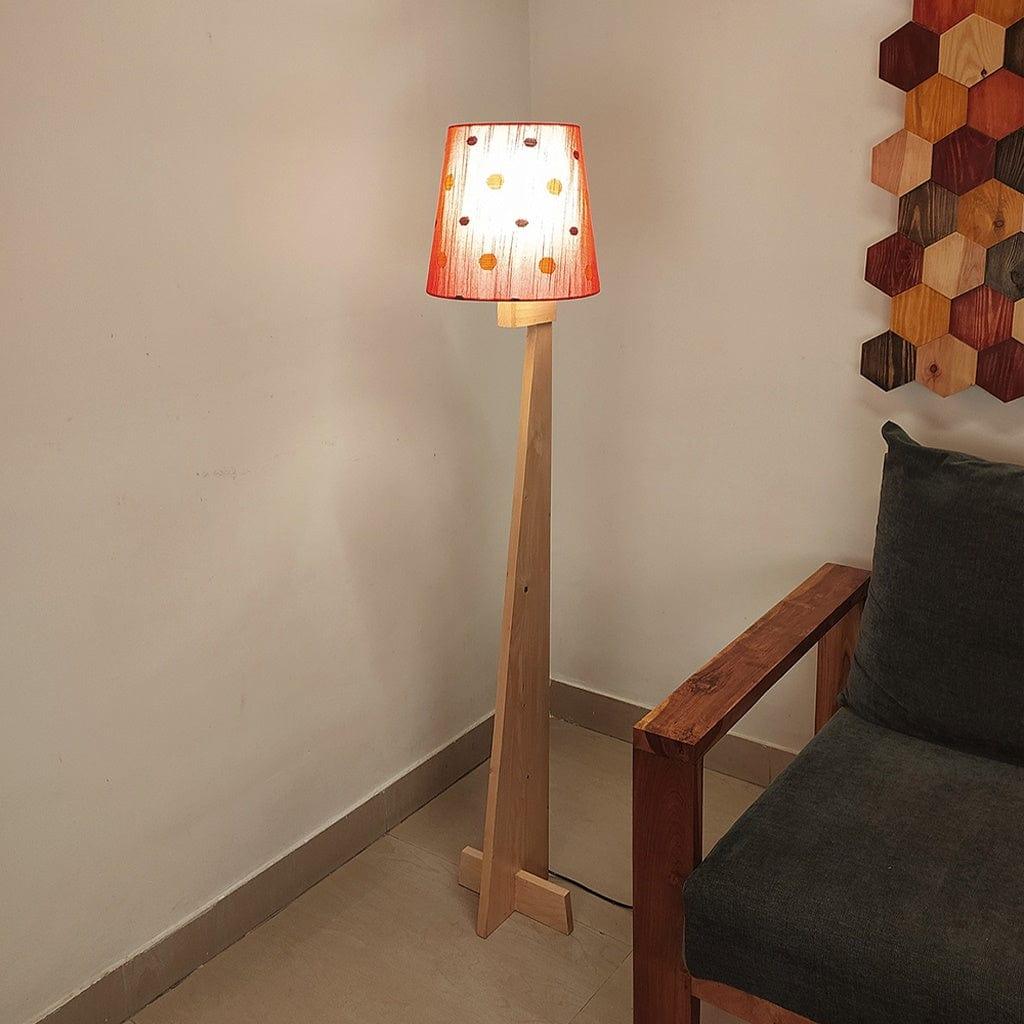 Trigo Wooden Floor Lamp with Beige Base and Red Printed Fabric Lampshade - Ouch Cart 