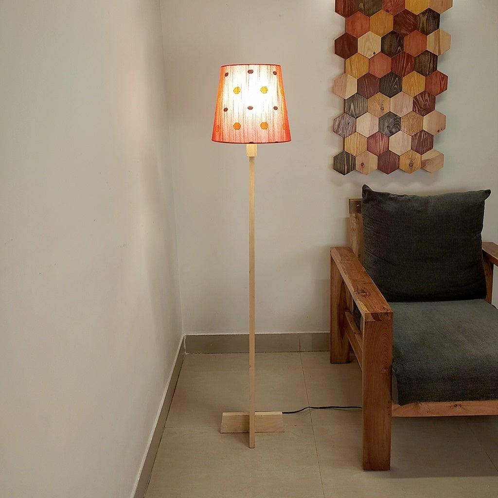 Trigo Wooden Floor Lamp with Beige Base and Red Printed Fabric Lampshade - Ouch Cart 