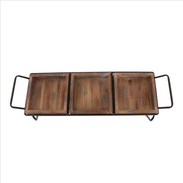 Decorative Serving Tray With 3 Segregated Cubbies And Metal Base, Brown - Ouch Cart 
