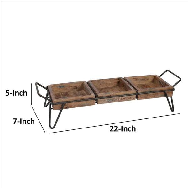 Decorative Serving Tray With 3 Segregated Cubbies And Metal Base, Brown - Ouch Cart 