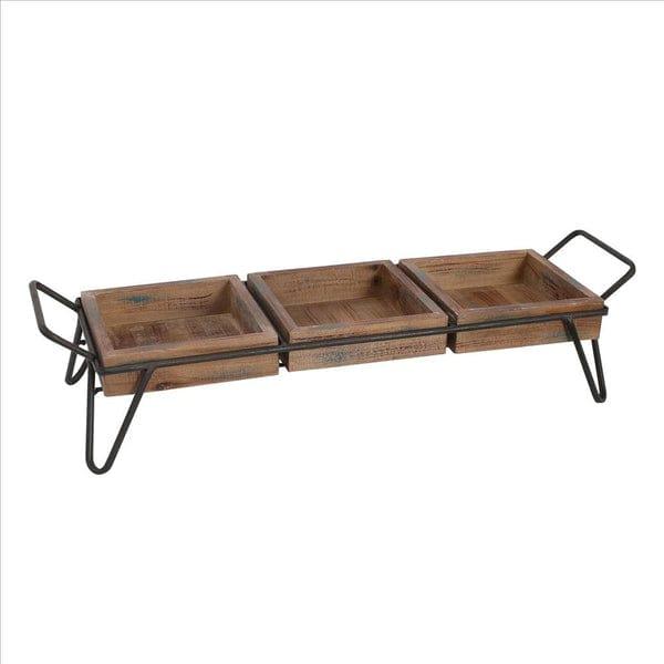 Decorative Serving Tray With 3 Segregated Cubbies And Metal Base, Brown - Ouch Cart 