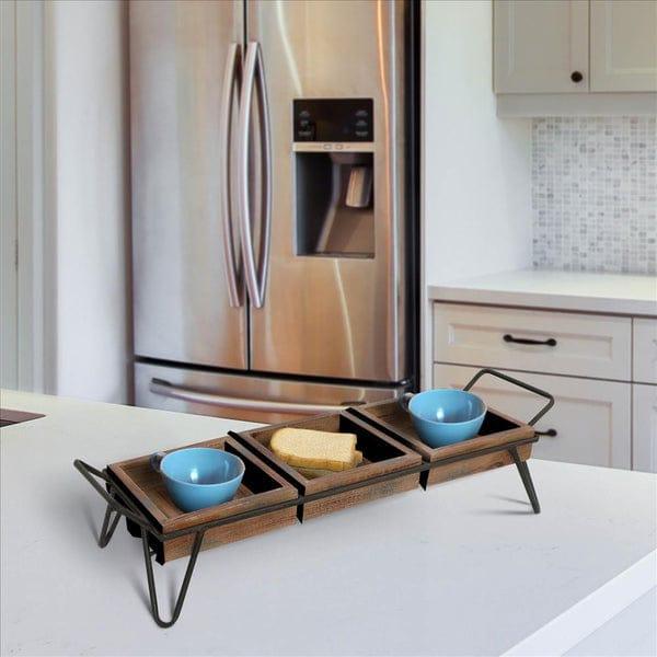Decorative Serving Tray With 3 Segregated Cubbies And Metal Base, Brown - Ouch Cart 