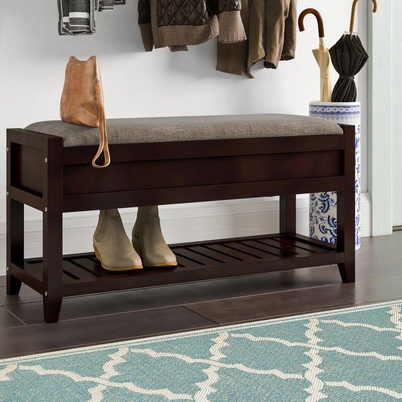 Upholstered Flip Top Storage Bench  Solid Wood Bench Shoe Rack