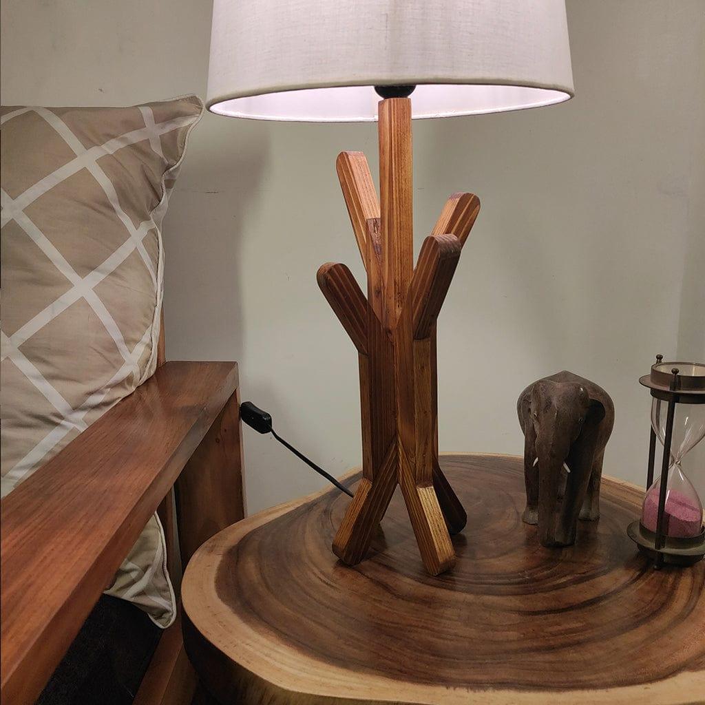 Vrikshya Wooden Table Lamp with Brown Base and Premium White Fabric Lampshade (BULB NOT INCLUDED) - Ouch Cart 