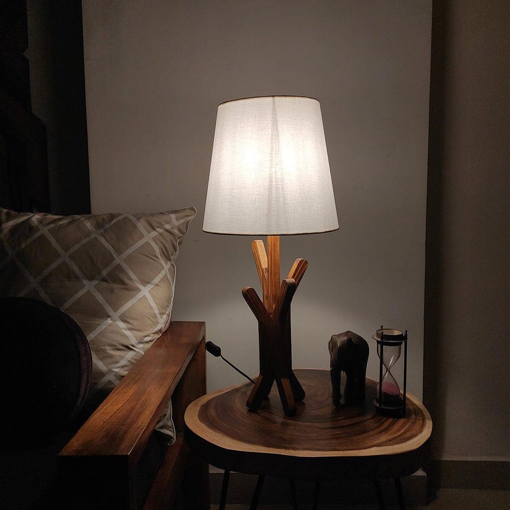 Vrikshya Wooden Table Lamp with Brown Base and Premium White Fabric Lampshade (BULB NOT INCLUDED) - Ouch Cart 