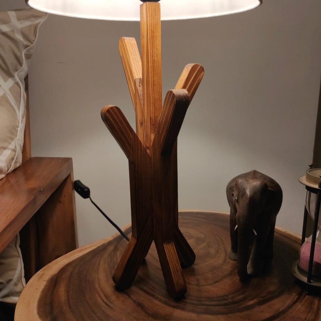 Vrikshya Wooden Table Lamp with Brown Base and Premium White Fabric Lampshade (BULB NOT INCLUDED) - Ouch Cart 