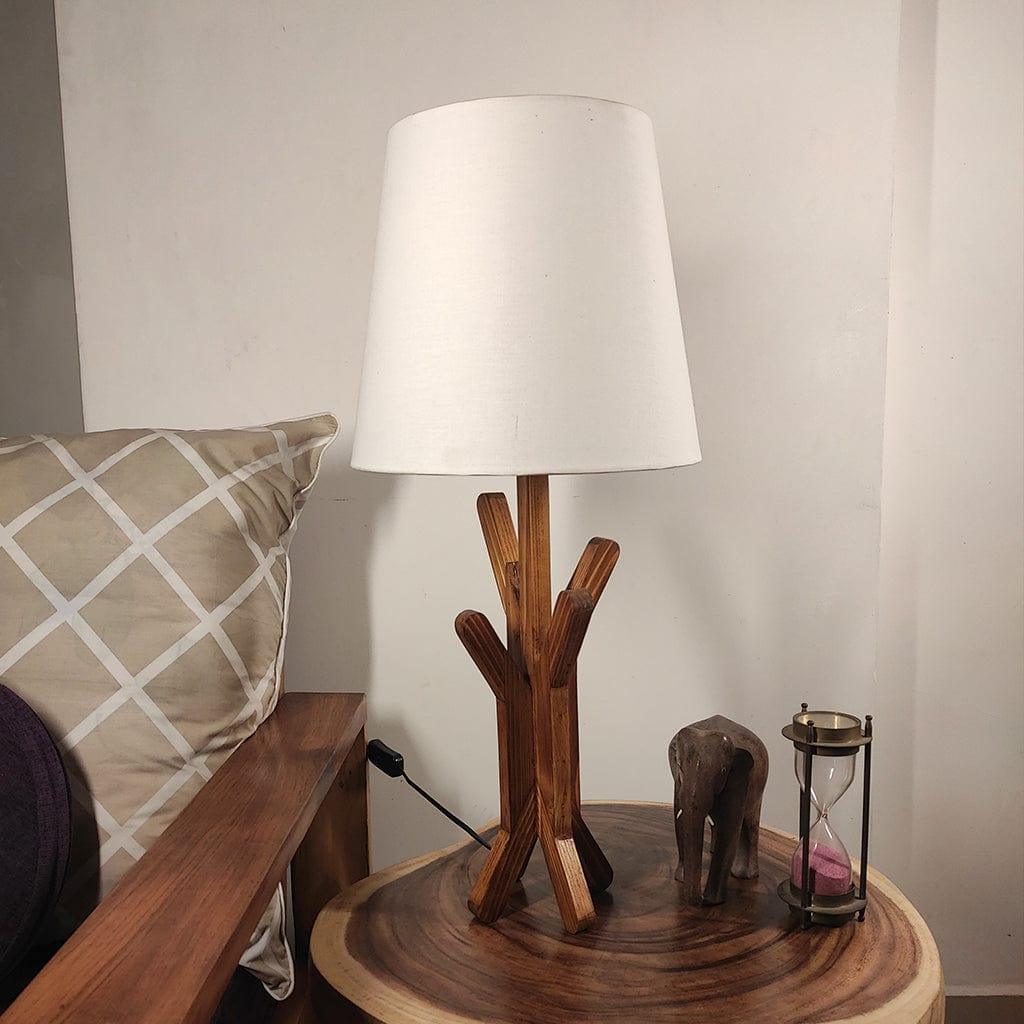 Vrikshya Wooden Table Lamp with Brown Base and Premium White Fabric Lampshade (BULB NOT INCLUDED) - Ouch Cart 