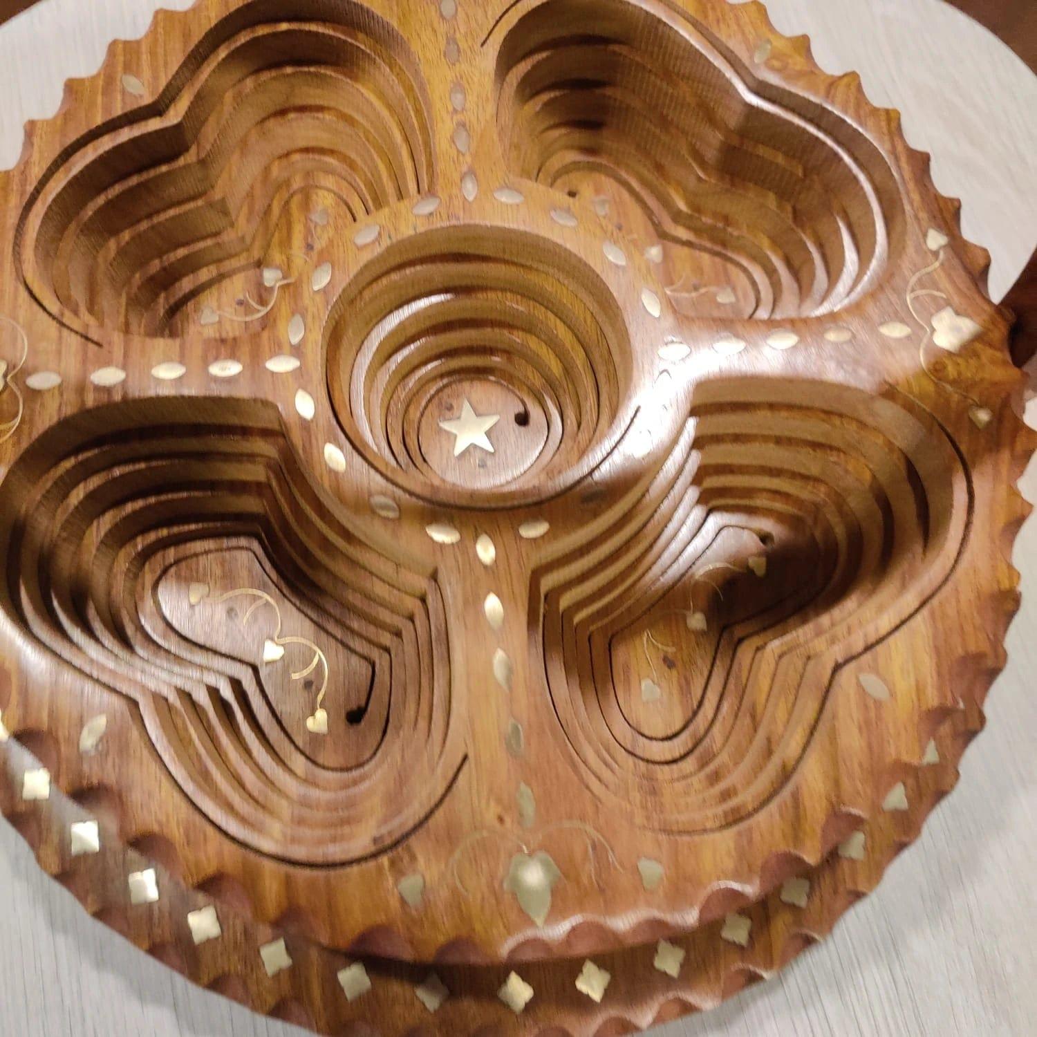 WOODEN BEAUTIFUL DRY FRUIT FOLDABLE BASKET ROUND SHAPE 4 PART - Ouch Cart 