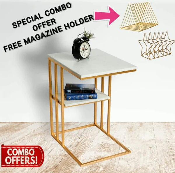 Creative White Marble & Metal Stone Side/Coffee Table With Magazine Holder ( Random Design ) - Ouch Cart 