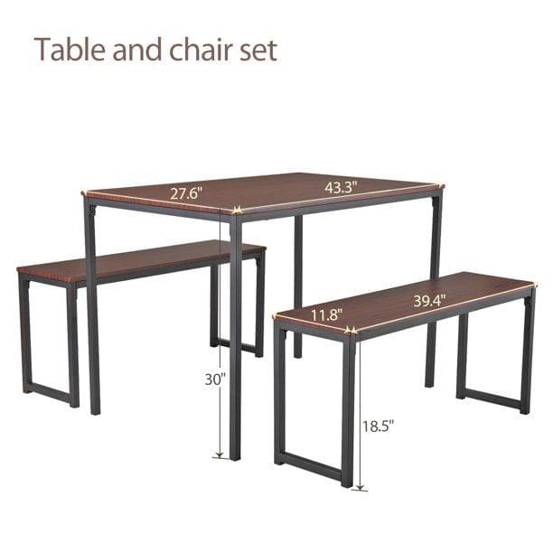 3-Piece Dining Table Set With 2 Benches Wood Table Top Dining Table with Metal Frame for Dining Room, Pub and Bistro, Brown - Ouch Cart 