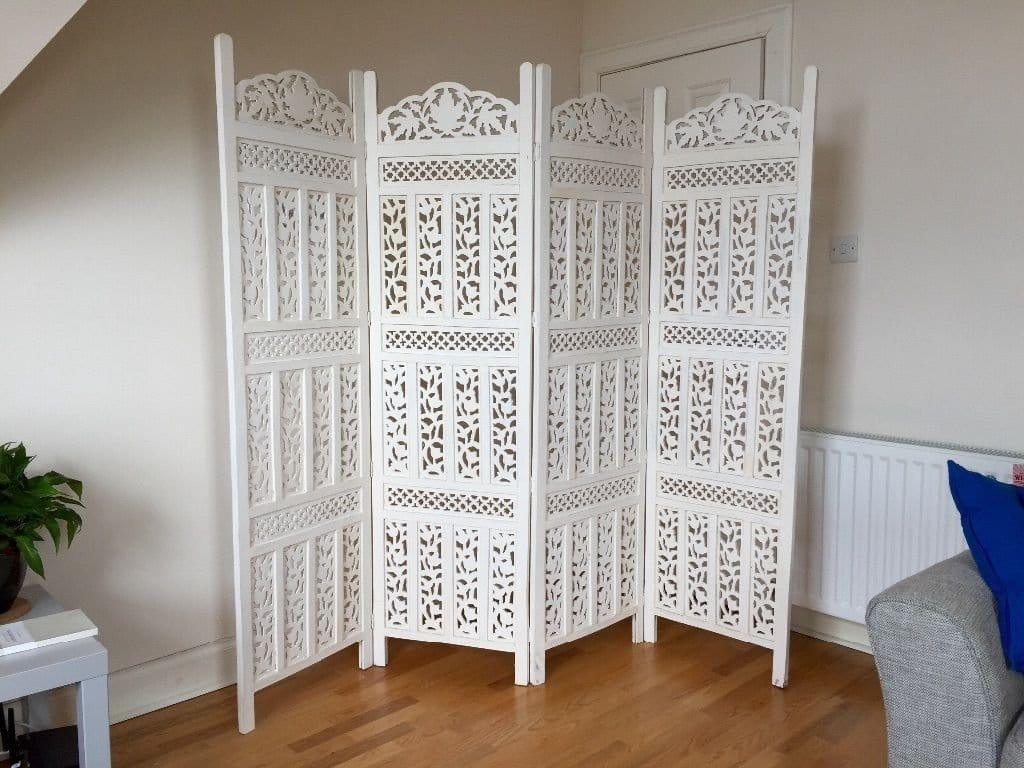 Wooden Handcrafted 4 Panel White Wooden Room Partition/Divider - Ouch Cart 