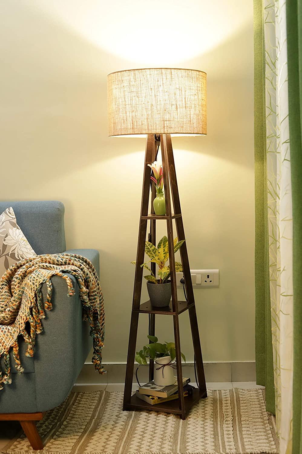 Premium Birch Plywood Brown Floor Lamp with Shelf (Jute Shade) - Ouch Cart 