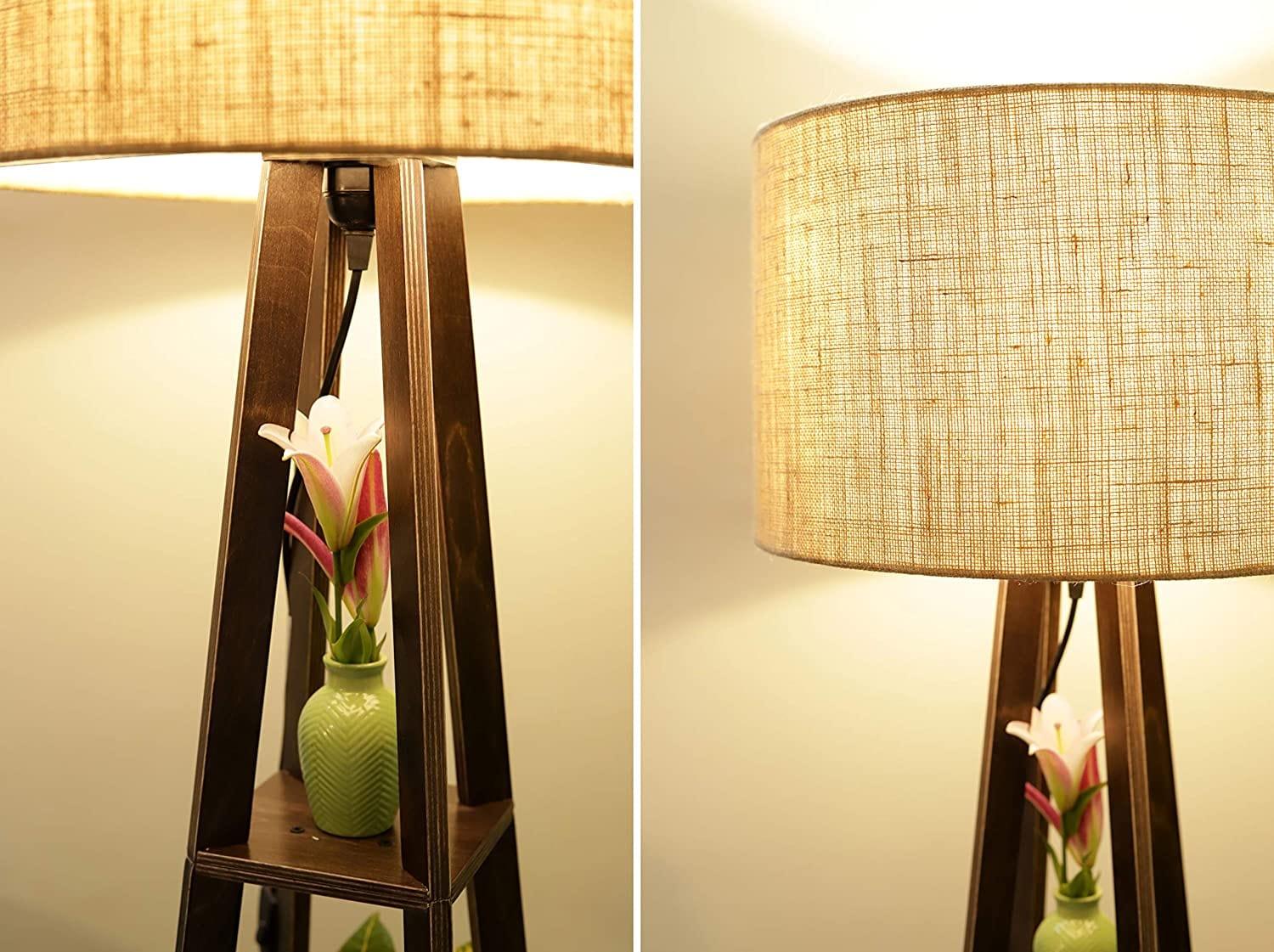 Premium Birch Plywood Brown Floor Lamp with Shelf (Jute Shade) - Ouch Cart 