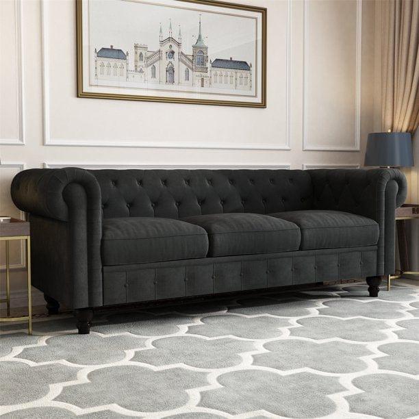 3 Seater Chesterfield Couch Furniture,Classic Velvet Upholstered Sofa with Deep Tufted Back and Scroll Arms - Ouch Cart 