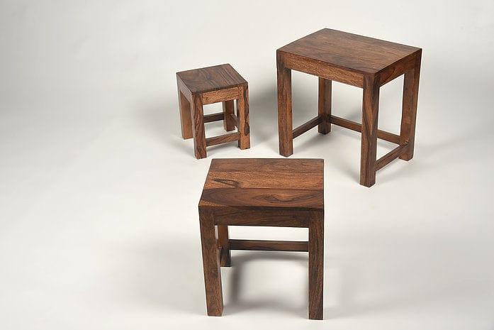 Sheesham Wood Jivaan Set Of 3 Stools - Ouch Cart 