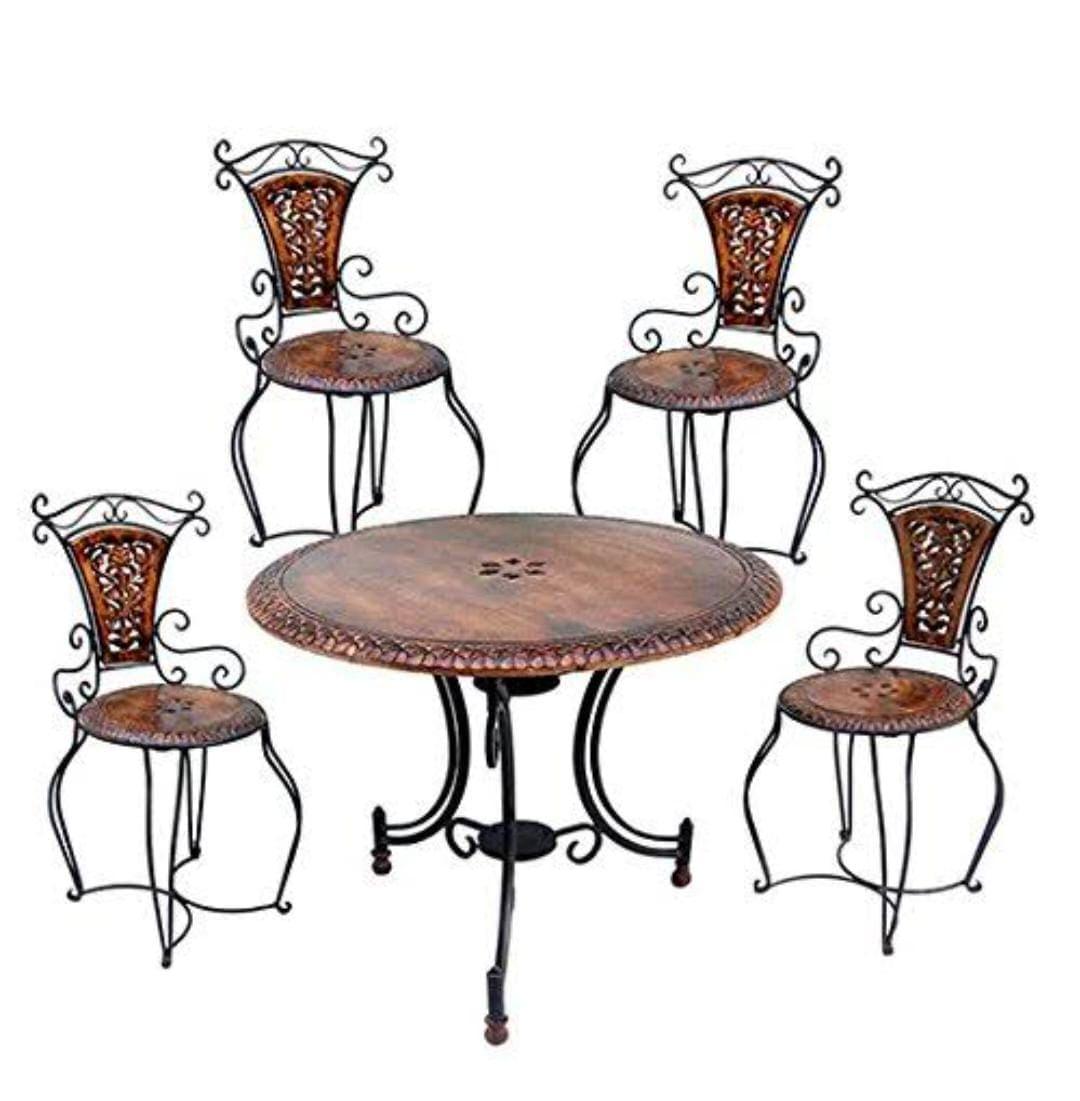 Wooden & Wrought Iron Furniture Set Garden & Outdoor/Indoor Furniture (4 CHAIR + 1 TABLE SET) - Ouch Cart 