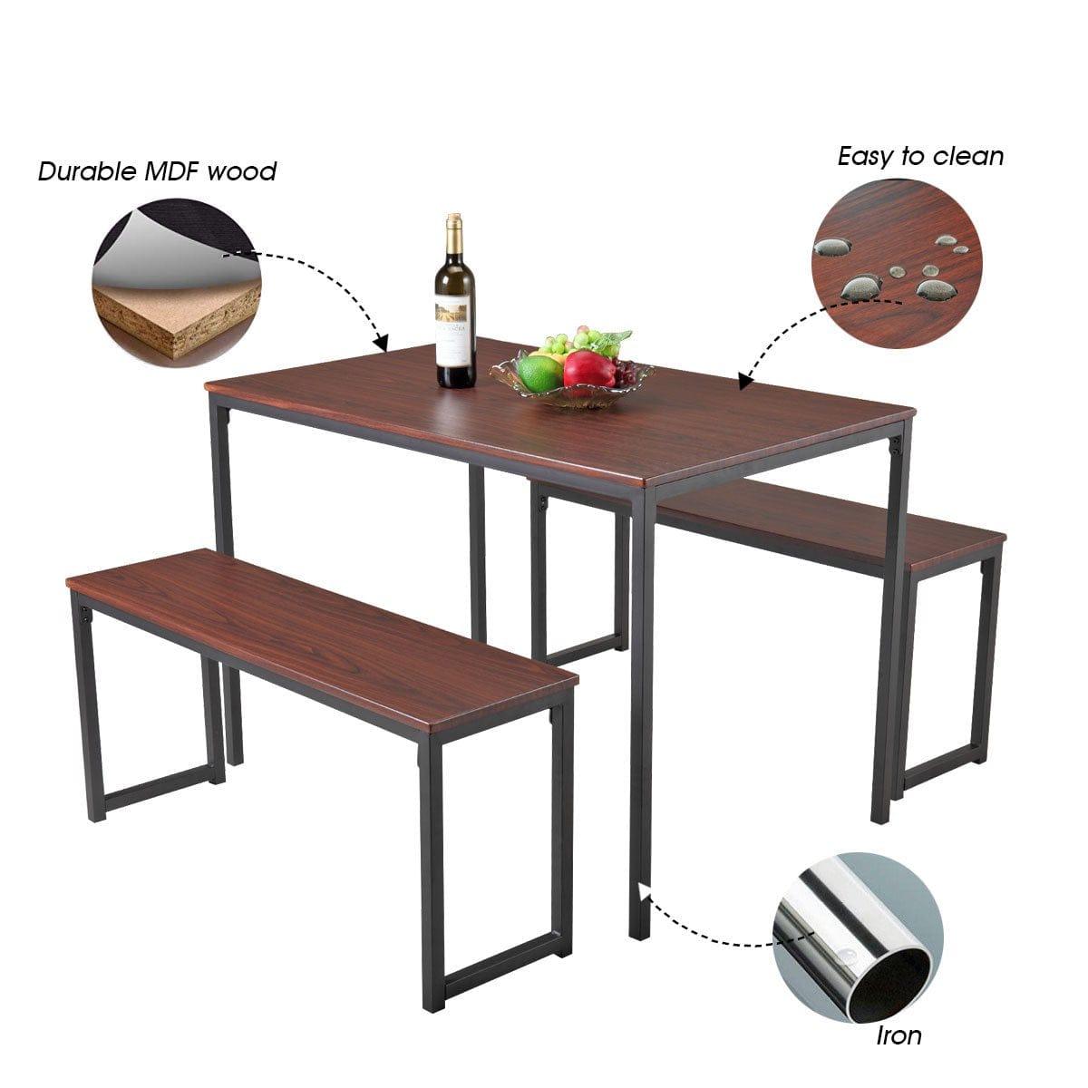 3-Piece Dining Table Set With 2 Benches Wood Table Top Dining Table with Metal Frame for Dining Room, Pub and Bistro, Brown - Ouch Cart 