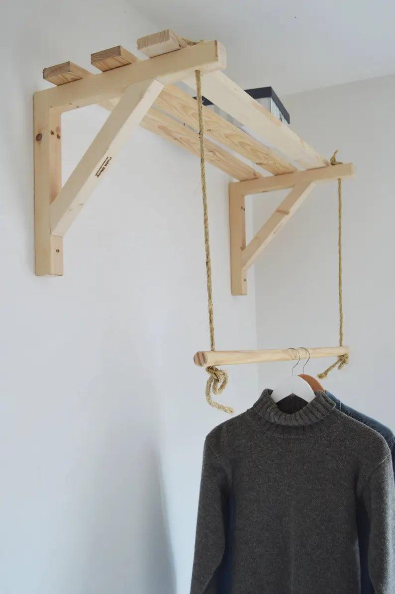 Wooden Bracket Shelf With Hanging Rope/Timber Clothes Rack ( With Complementary Coaster ) By Miza