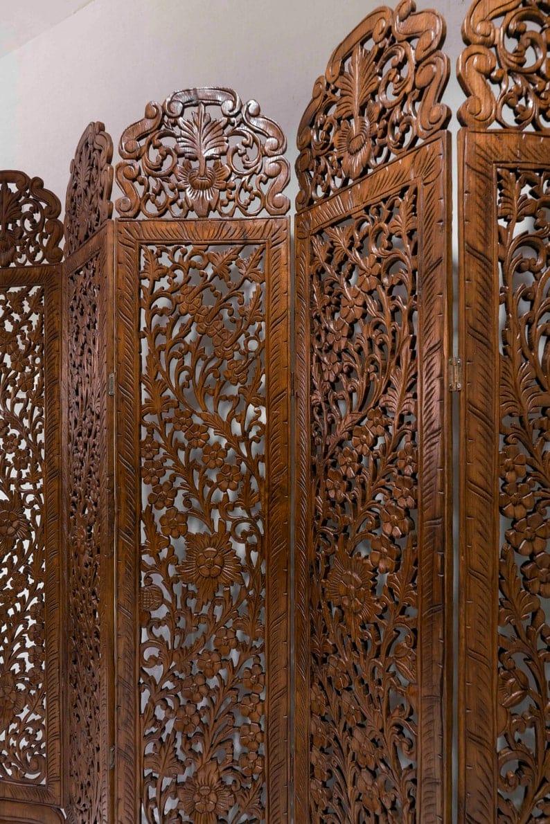 5 Panel Room Divider Flower Folding Screen Panels Partition Carved Wood and MDF Asian Screen Large Wood Wall-Art Thai Wood Carving Wooden Boho King Headboard - Ouch Cart 