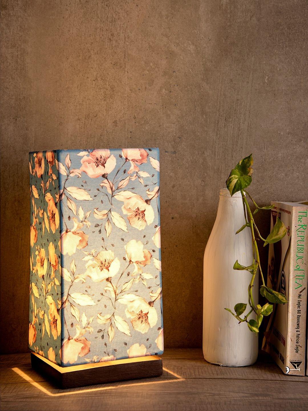 Turquoise Floral Lamp with Wooden Base - Ouch Cart 