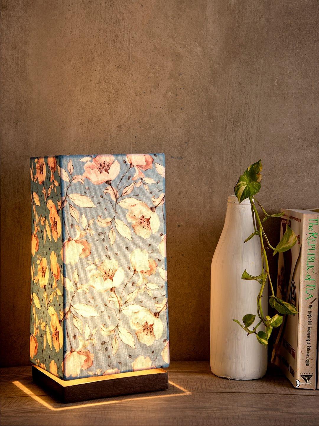 Turquoise Floral Lamp with Wooden Base