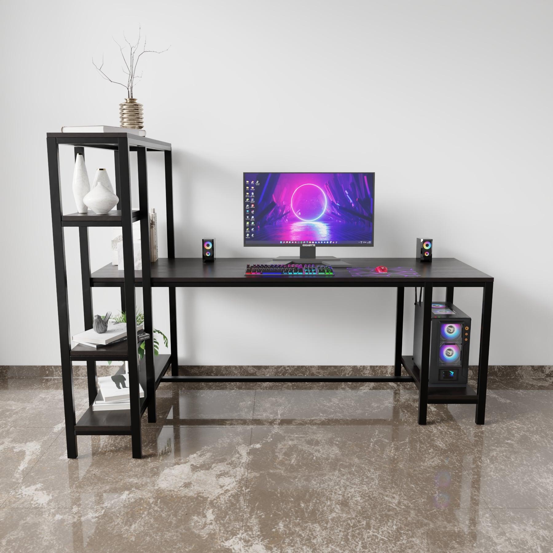 Gaming desk with multiple open shelves have additional space for CPU unit.