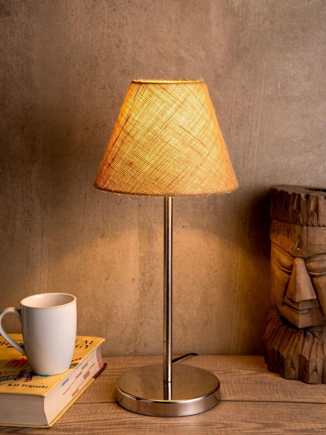 Metal Table Lamp with Brown Jute Shade - Ouch Cart 