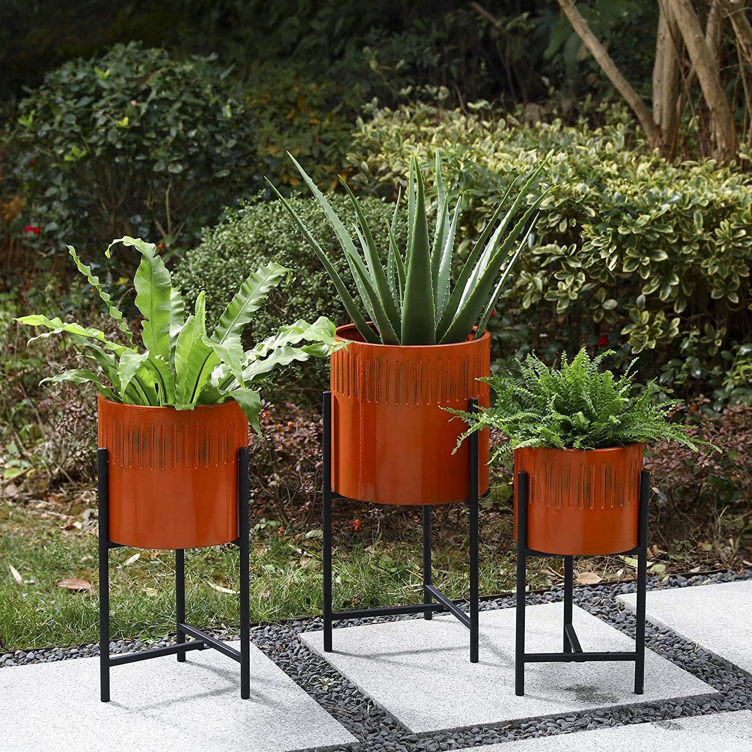 Set of 3 Modern Metal Planter Pots with Mid Century Planter Holders Perfect for Indoor and Outdoor Plants, Non-Adjustable Plant Stand - Ouch Cart 