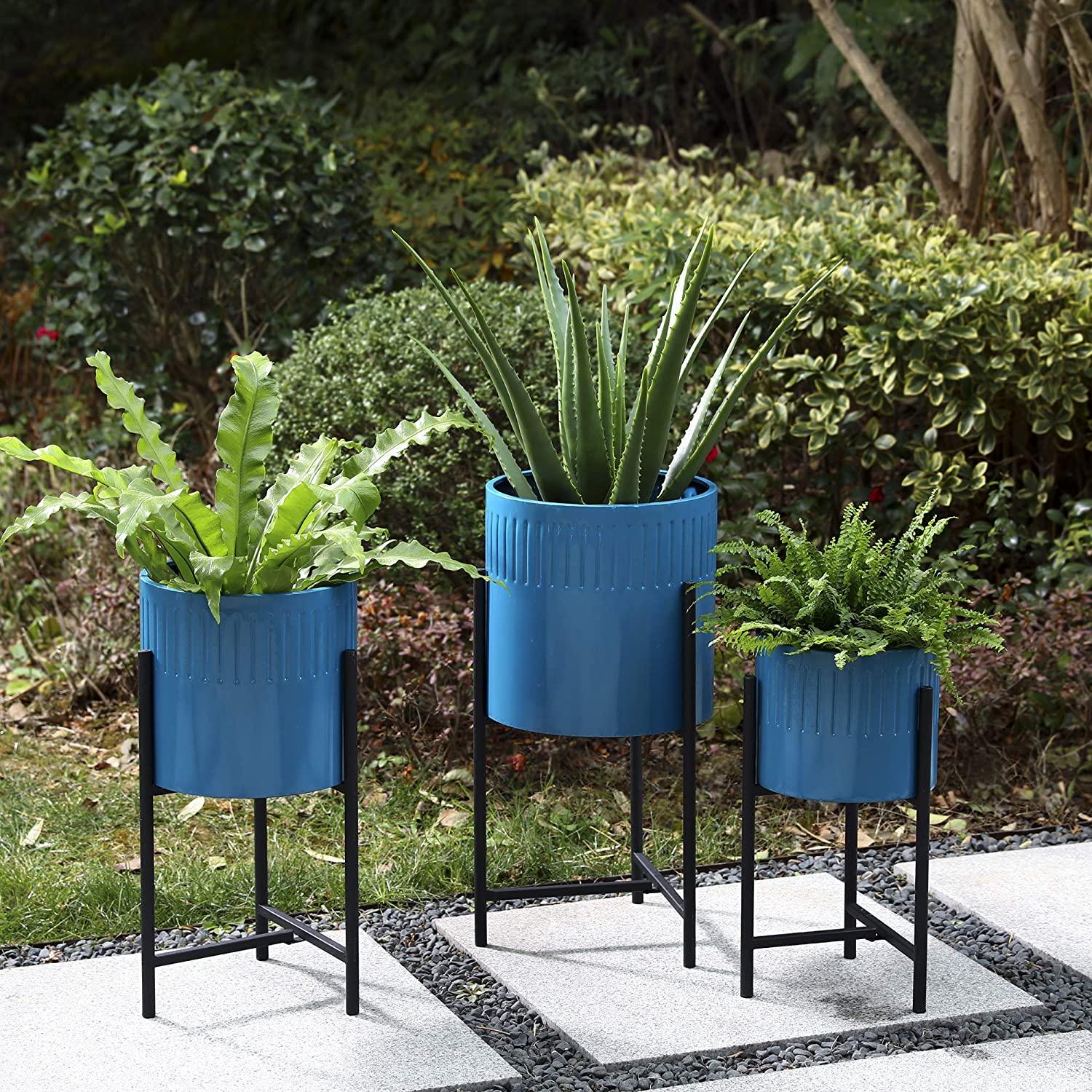 Set of 3 Modern Metal Planter Pots with Mid Century Planter Holders Perfect for Indoor and Outdoor Plants, Non-Adjustable Plant Stand