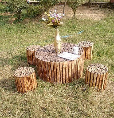 Wooden Round Shape Coffee Table with 4 Stools - Ouch Cart 