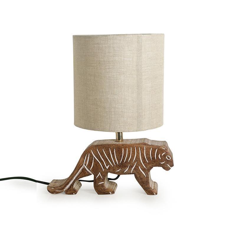 'Tiger Panthera'' Handcarved Table Lamp In Mango Wood - Ouch Cart 