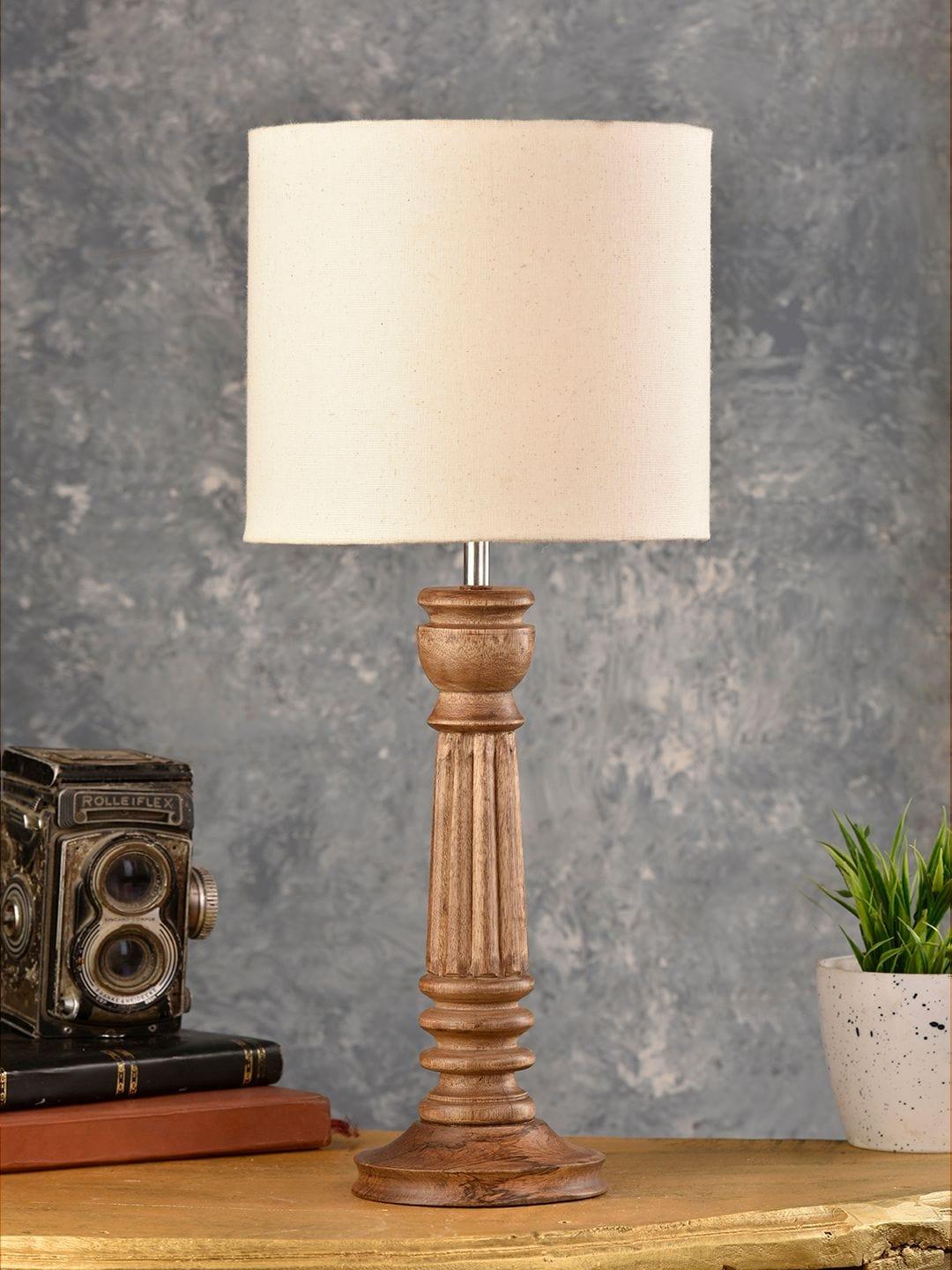 Pillar Brown Lamp with White Cotton Shade - Ouch Cart 