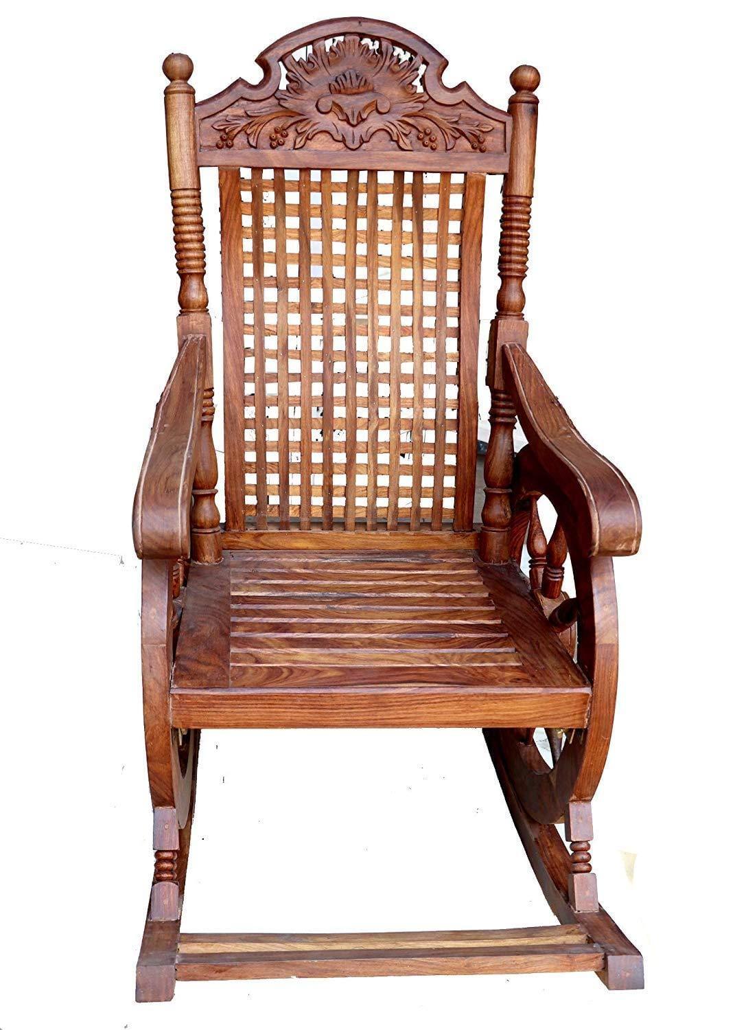 Hand Carved Sheesham Wood Rocking Chair (Brown) - Ouch Cart 