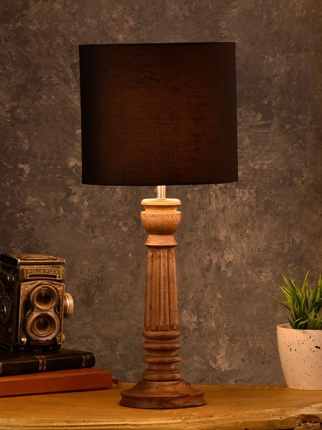 Pillar Brown Lamp with Black Cotton Shade - Ouch Cart 