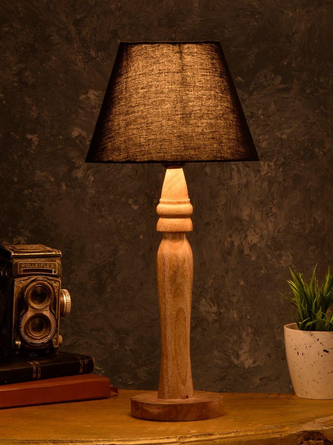 Round Brown Lamp with Taper Black Cotton Shade - Ouch Cart 