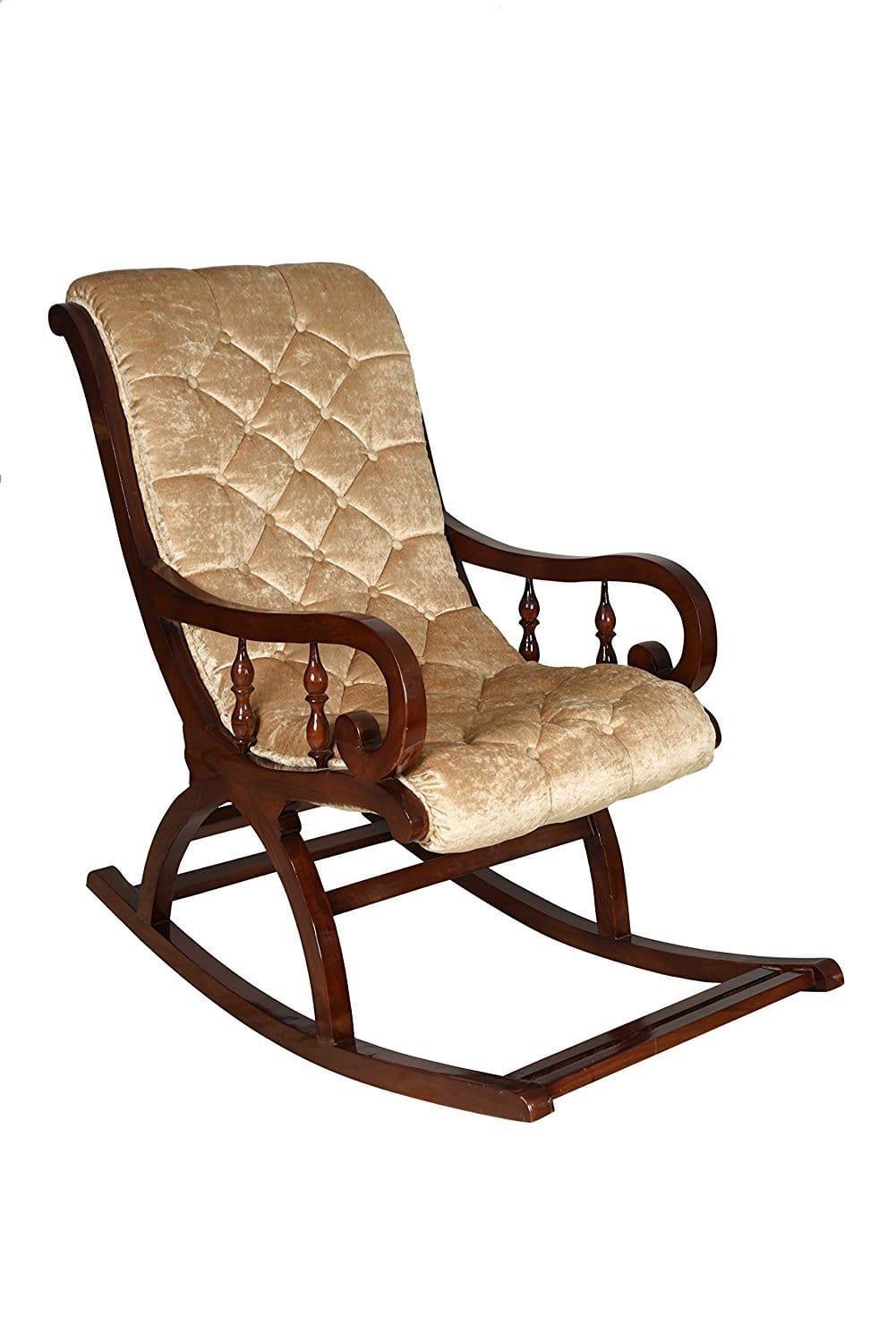 Royal Look Hand Crafted Rocking Chair in Teak Wood with Cushion for Living Room Garden Lounge Wooden Hand Crafted Rocking Chair - Ouch Cart 