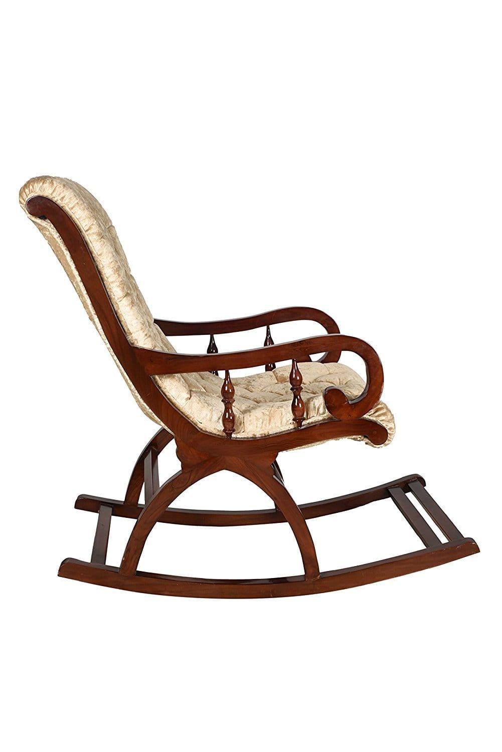 Royal Look Hand Crafted Rocking Chair in Teak Wood with Cushion for Living Room Garden Lounge Wooden Hand Crafted Rocking Chair - Ouch Cart 