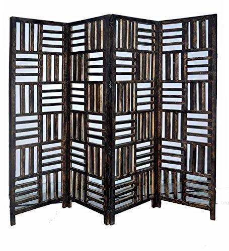 Solid Wood 4 Panel Room Wooden Partition (Brown) for Living Room - Ouch Cart 